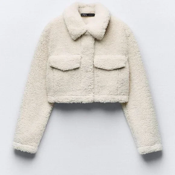 ZARA Women's Cropped Faux Shearing Jacket(Ecru, US XL /EUR XL) - Picture 5 of 11
